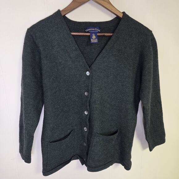 Merino Wool Cardigan Sweater Pure New Wool Dark Green Charter Club Size XL - Picture 1 of 5